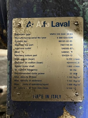 Alfa-Laval #VNPX-510-SGD-34-GS, Disc Centrifuge, Stainless Bowl, 6235 RPM Bowl, 22 kW Motor, 1996 - Image 2