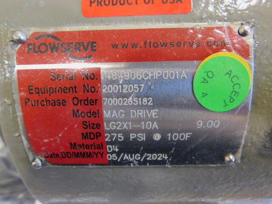 DURCO Guardian Flowserve #LG2X1-10A, Sealless Metallic Pump, Mag Drive, single stage, 275 PSI @ 100&deg;F - Image 7