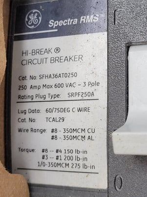 250 Amps, General Electric, EZSFHA36AT0250, breaker for EntellEohn Spectra RMS, 600 Volts - Image 3
