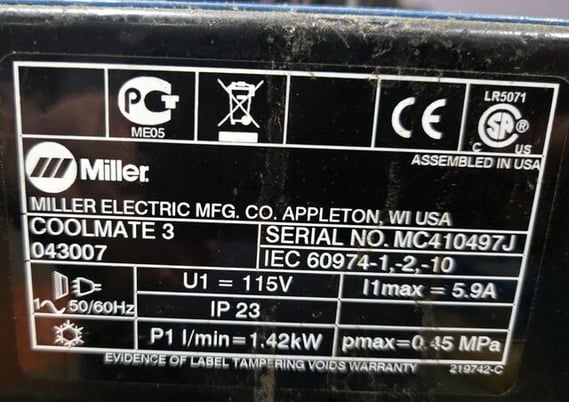 Miller #Coolmate-3, Water Coolant System, 3 gallon Reservoir, 500 Amps, 115 V - Image 6