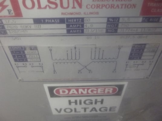 37.5 KVA 7620 Primary, 240/120 Secondary, Olsun, dry transformer (2 available) - Image 1