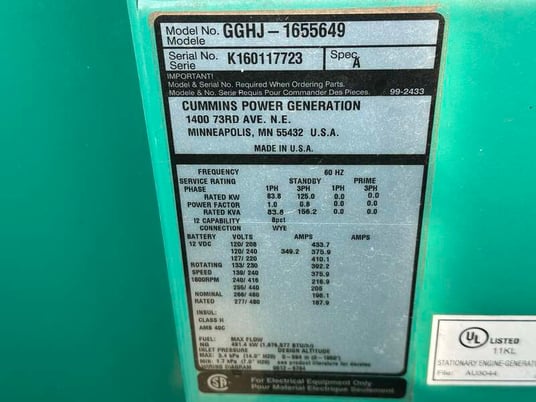 125 KW Cummins #GGHJ, Natural gas / propane generator set, 277/480 Volts, 257 hours, 176 HP @ 1800 RPM, Ford - Image 10