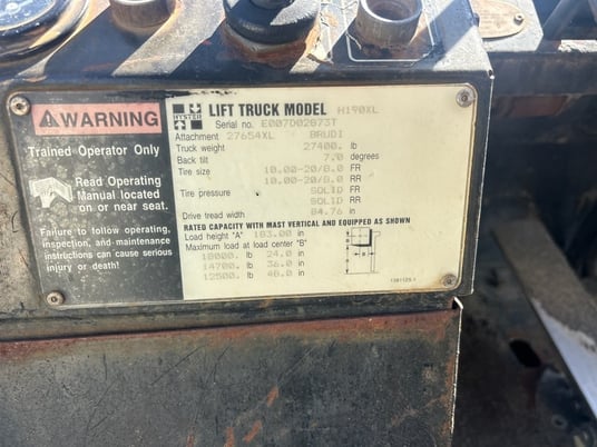 18000 lb. Hyster #H190XL, forklift, hydraulic fork positioner, lift & tilt, air brakes, 3 speed motor, 1996 - Image 8
