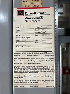 3000 Amp. Cutler Hammer, prlc switchboard distribution 480/277 v. 3ph 4w 30 - Image 2