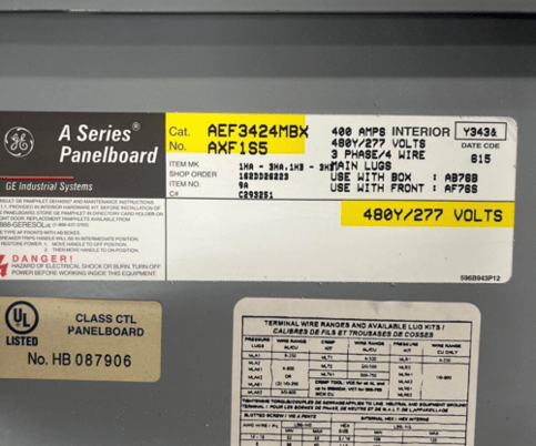 400 Amp. General Electric, AEF3424MBX, Panelboard, 480/277 Volts 3PH 4W Indoor Encl 42Cir MLO SFHA36AT0250 - Image 2