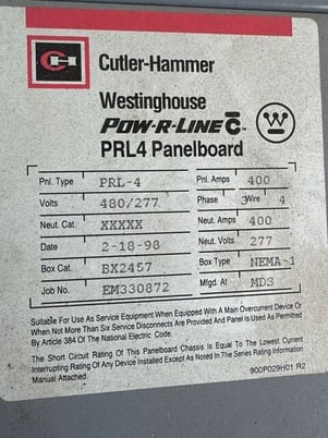 400 Amp. Westinghouse PRL4, Panelboard, 480/277 Volts 3PH 4W Indoor Encl BX2457 MLO 400 Amp P023 - Image 3