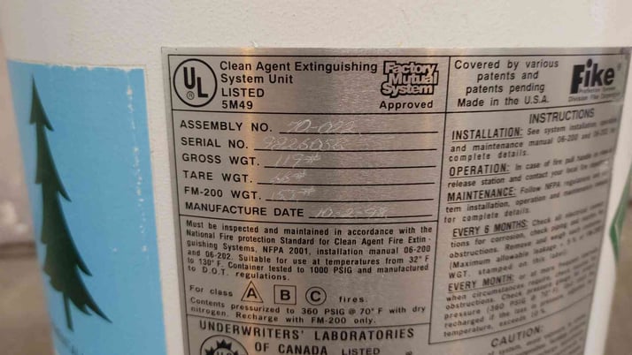 153 lbs. Fike, Clean Agent Fire Suppression Cylinder, #FM-200 - Image 3