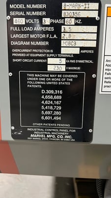 18" x 22" Marvel #Series-8-Mark-II, vertical tilt frame band saw, 184" x 1.25" blade, 5 HP, new - Image 4