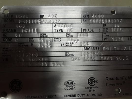 400 HP 1800 RPM General Electric, Frame 508/509LL, TEFC, BB, new, 460 Volts - Image 1