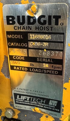 .5 Ton, Budgit Electric Chain Hoist #11689016, 1/2 HP, 16 FPM, 1 Phase - Image 8