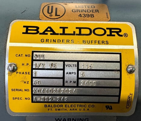 Baldor #500, double end carbide grinder, 6" wheel, 1-1/4" bore, 3/4" shaft, 1/2 HP, 3600 RPM, pedestal base - Image 7