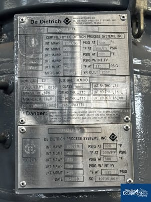 10 gallon DeDietrich #CTJ-10, Glass Lined Reactor, 300 psi @ 500&deg;F, jacket 115 psi, 2007 - Image 2