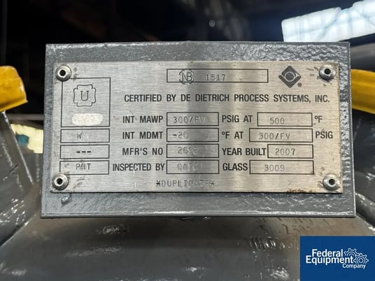 10 gallon DeDietrich #CTJ-10, Glass Lined Reactor, 300 psi @ 500&deg;F, jacket 115 psi, 2007 - Image 3