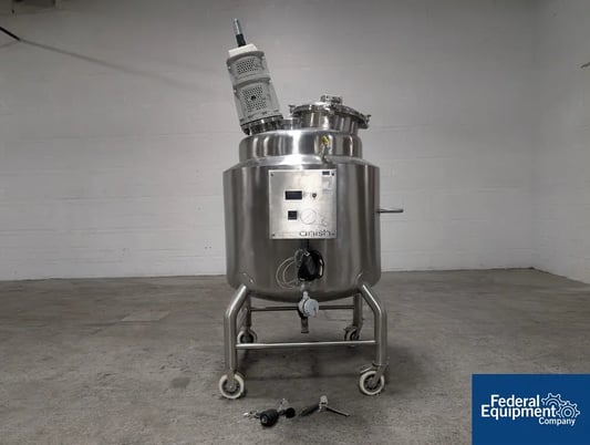 100 gallon Anish Pharma #ASPVJ-100, Mix Tank, Stainless Steel, dish top & bottom, agitator, legs, 2020 - Image 1