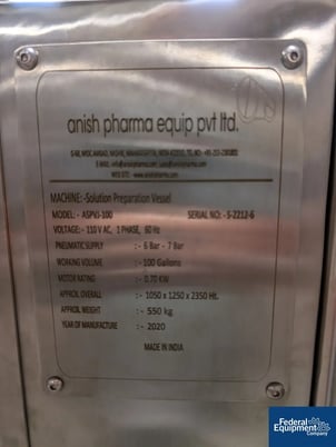 100 gallon Anish Pharma #ASPVJ-100, Mix Tank, Stainless Steel, dish top & bottom, agitator, legs, 2020 - Image 2