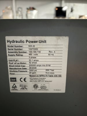 40 HP MTS #505.20, hydraulic power supply, 20 gpm, 3000 psi, water cooled heat exchanger, 2008 - Image 4
