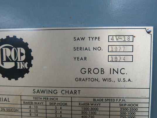 18" x 12" Grob #4V-18, vertical band saw, 28" x 24" x 2-1/2" table, 18" throat, 1/8"-1" blade, 150" L, 3 HP - Image 3