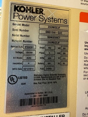 200 KW Kohler #200REOZJF, diesel generator set, 100 hours, John Deere engine, 400 gal tank - Image 2