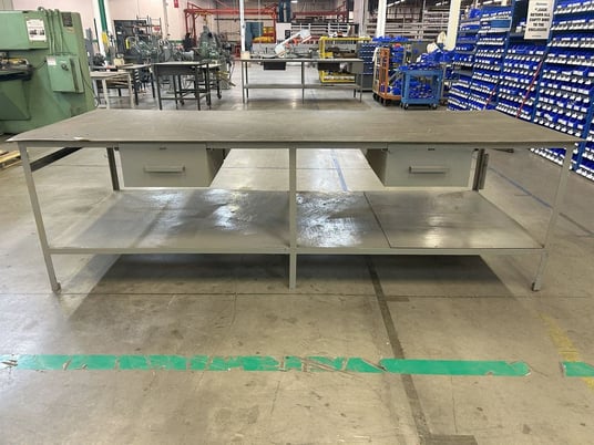 Heavy duty metal steel frame table with drawer, 10' L x 4' W x 3' H table, plastic table top cover - Image 1