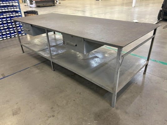 Heavy duty metal steel frame table with drawer, 10' L x 4' W x 3' H table, plastic table top cover - Image 4