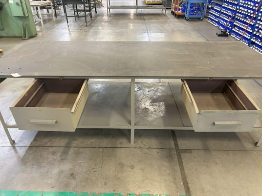 Heavy duty metal steel frame table with drawer, 10' L x 4' W x 3' H table, plastic table top cover - Image 7