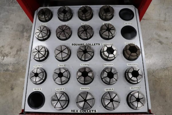 CNC hydraulic collet chucks with 41 assorted Crawford D style multibore spring collets - Image 10