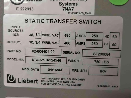 250 Amp. Liebert #STA0250A124546, Static Transfer Switch, 3 Phase, 480 V, 2003 - Image 2