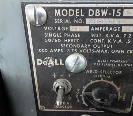 DoAll #3613-20, vertical band saw, 36" throat, cnc, 480 V., tilt table, 26" x33" table, blade welder, 1981 - Image 7