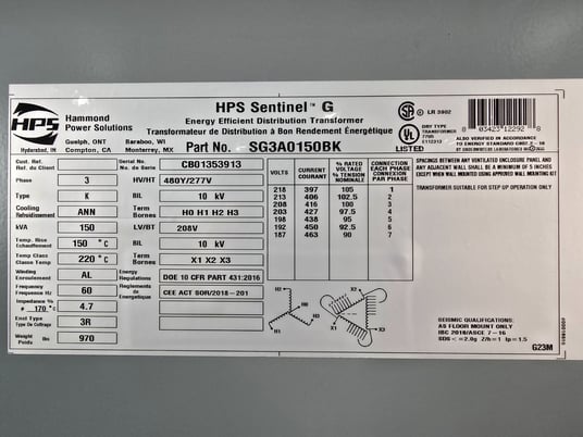 150 KVA 208 Delta Primary, 480Y/277 Secondary, Hammond SG3A0150BK, step up Dry Transformer, Nema 3R, new - Image 4