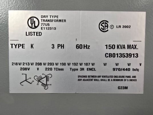 150 KVA 208 Delta Primary, 480Y/277 Secondary, Hammond SG3A0150BK, step up Dry Transformer, Nema 3R, new - Image 5