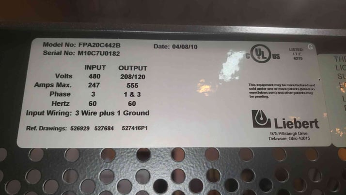 200 KVA Liebert Vertiv #FPA20C442B, PDU, 480 Volts in, 208/120 Volts out, 3PH, 3 wire, 2010, AS IS - Image 4
