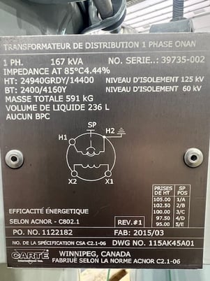 167 KVA 24940GrdY/14400 Primary 2400/4160Y Secondary, Carte Transformers, 1 phase, CANADA - Image 4