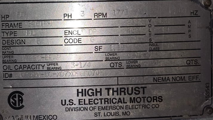 50 HP 1775 RPM U.S. Motors, Frame 326TPH, 128//64A Vertical Pump Motor, 230/460 Volts - Image 6