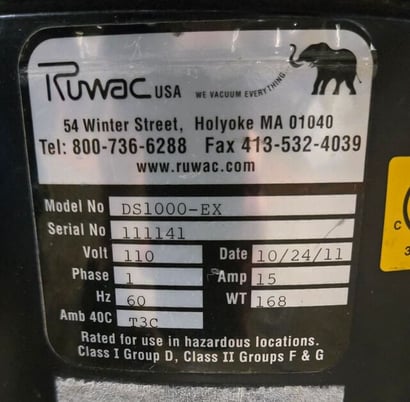 Ruwac #DS1000-EX, explosion proof industrial vacuum, 2011 - Image 8