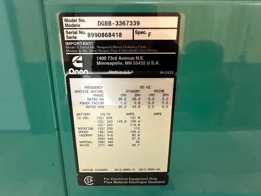35 KW Cummins, Onan #4B3.9-G2, diesel generator, skid mounted, 120/240 Volts, 1832 hours, 1999 - Image 8