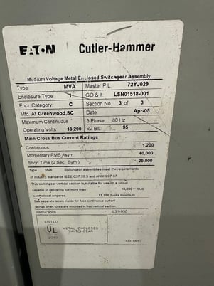 Eaton #MVA, Metal Clad Switchgear, Enclosure Category C, 13200 Volts - Image 2