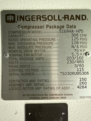 306 cfm, 125 psig, Ingersoll-Rand #Sierra-H75, Oil-Free Air Compressor, 75 HP, 230/460 V. - Image 3