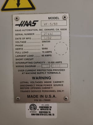 Haas #VF-5, #50 taper, chip auger, 50" X, 26" Y, 25" Z, 20 HP, 20 automatic tool changer - Image 3