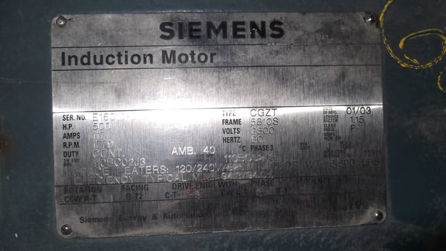 500 HP 1800 RPM Siemens, Frame 5810S, TEFC BB, 2300 Volts - Image 1