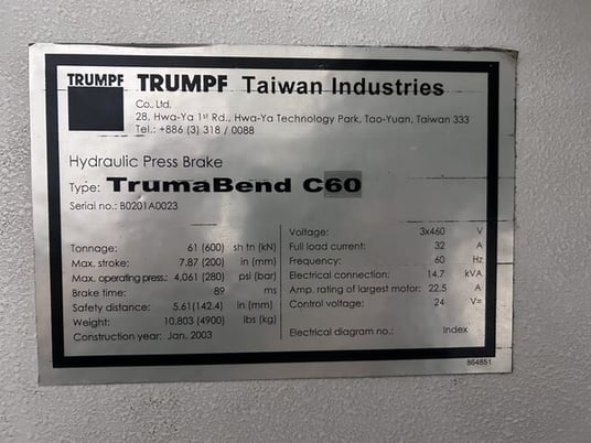 61 Ton, Trumpf #TrumaBend-CO6, hydraulic press brake, 7.87"stroke, 2003 - Image 6