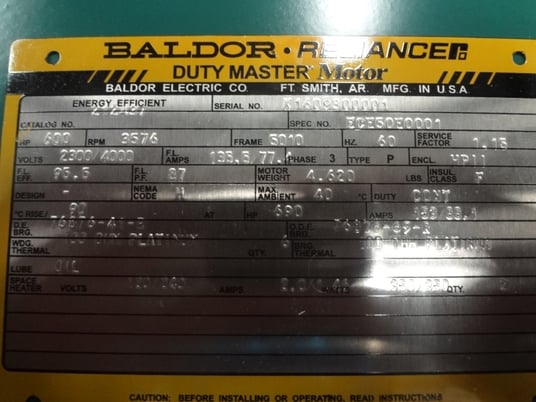 600 HP 3600 RPM Reliance, Frame 5010S, weather protected enclosure type 2, SB, new, 2300/4000 Volts (2 - Image 3