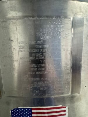 125 gallon Precision Stainless, Stainless Steel Jacketed Pressure Tank, 40 psi Internal, 60 psi @ 350&deg;F - Image 2