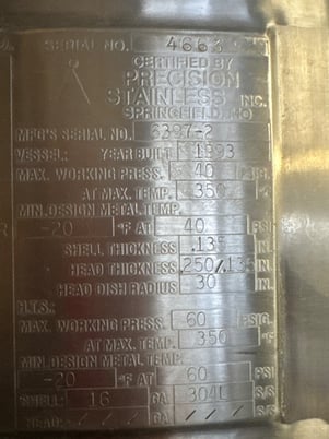 125 gallon Precision Stainless, Stainless Steel Jacketed Pressure Tank, 40 psi Internal, 60 psi @ 350&deg;F - Image 5