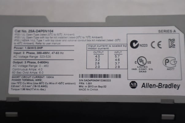 Allen-Bradley BRADLEY 25A-D4P0N104 POWERFLEX 523 1.5kW/2.0HP SER A STOCK #1891 - Image 4