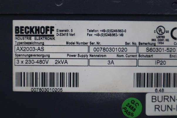 Beckhoff #AX2003-AS S60301-520 Digital Compact Servo Drive Amplifier STK 3450-D - Image 2