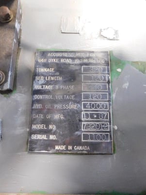 320 Ton, Accurpress #732012, Automec 2-Axis Control, 12' overall, 1987 - Image 7