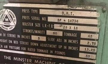 45 Ton, Minster #5F, single crank OBI flywheel press, 3" stroke, 13.25" Shut Height, 2.75"adj., 9.5"throat - Image 3