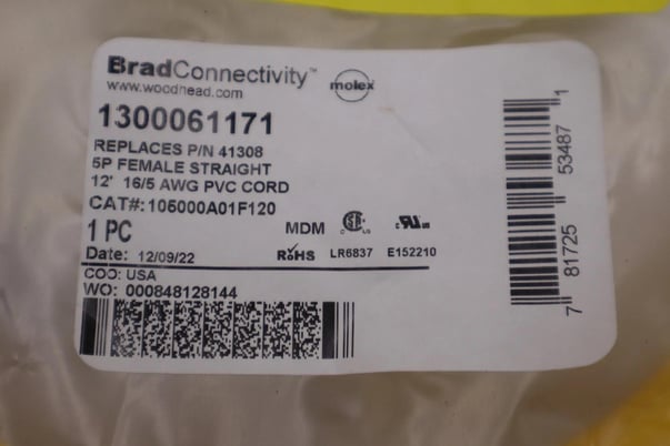 Brad Connectivity 1300061171 41308 5P Female Straight 12' 16/5 AWG PVC Cord NEW - Image 2