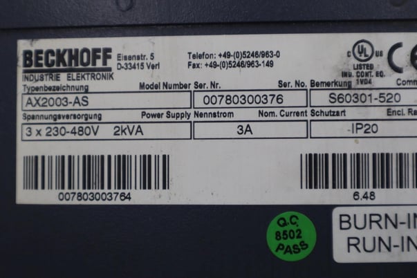 Beckhoff #AX2003-AS S60301-520 Digital Compact Servo Drive Amplifier STK K-415-D - Image 2