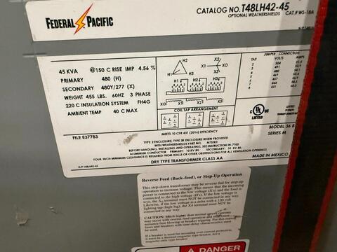 Federal Pacific T48LH42-45 Dry Type Transformer 45 kVa 480V to 480Y/277V #HP-107 - Image 3